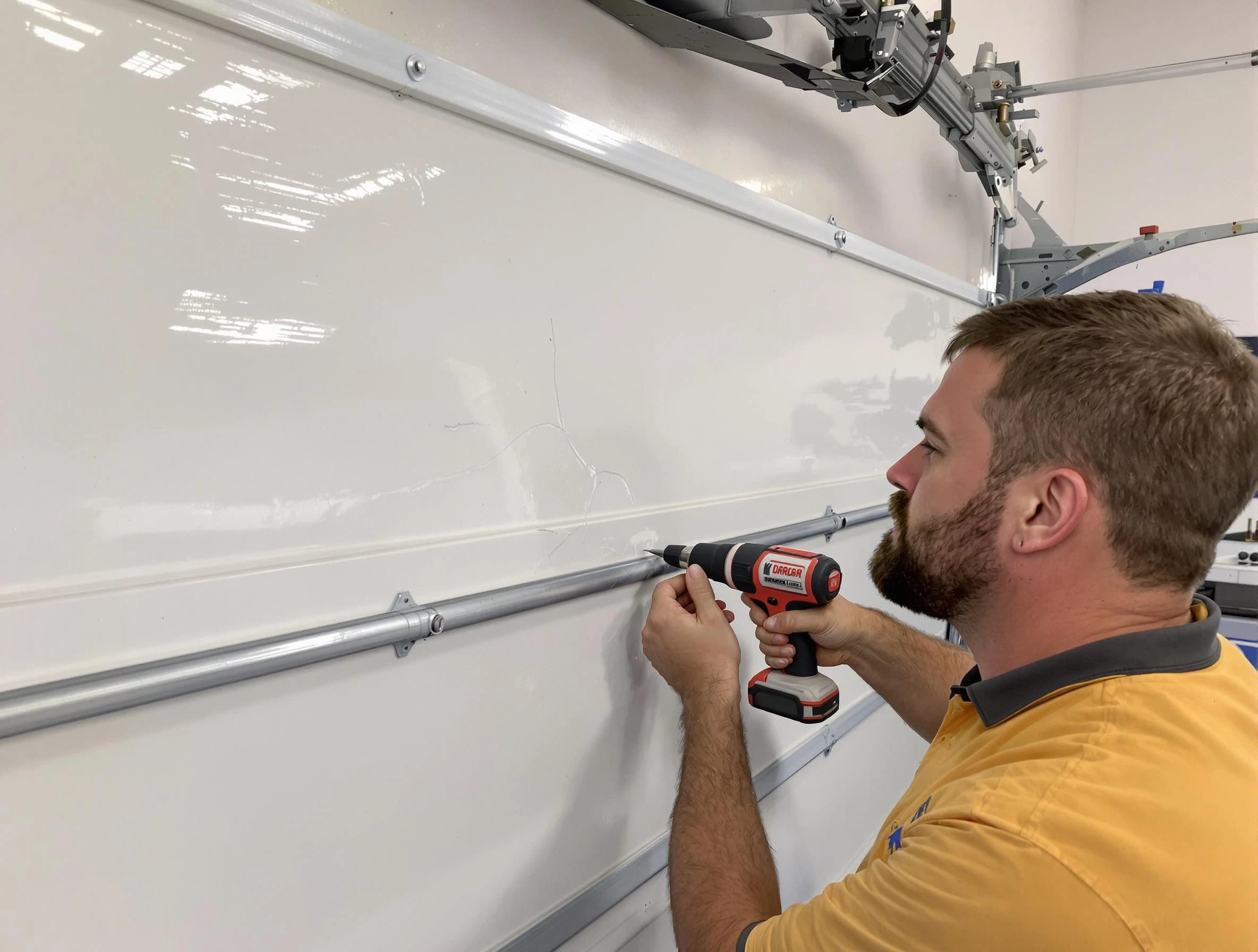 Birmingham Garage Door Repair expert performing dent repair on garage door in Birmingham